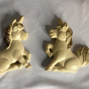 Vintage Plaster Unicorn Wall Hangings – Yellow Pair – 70s Fantasy Decor